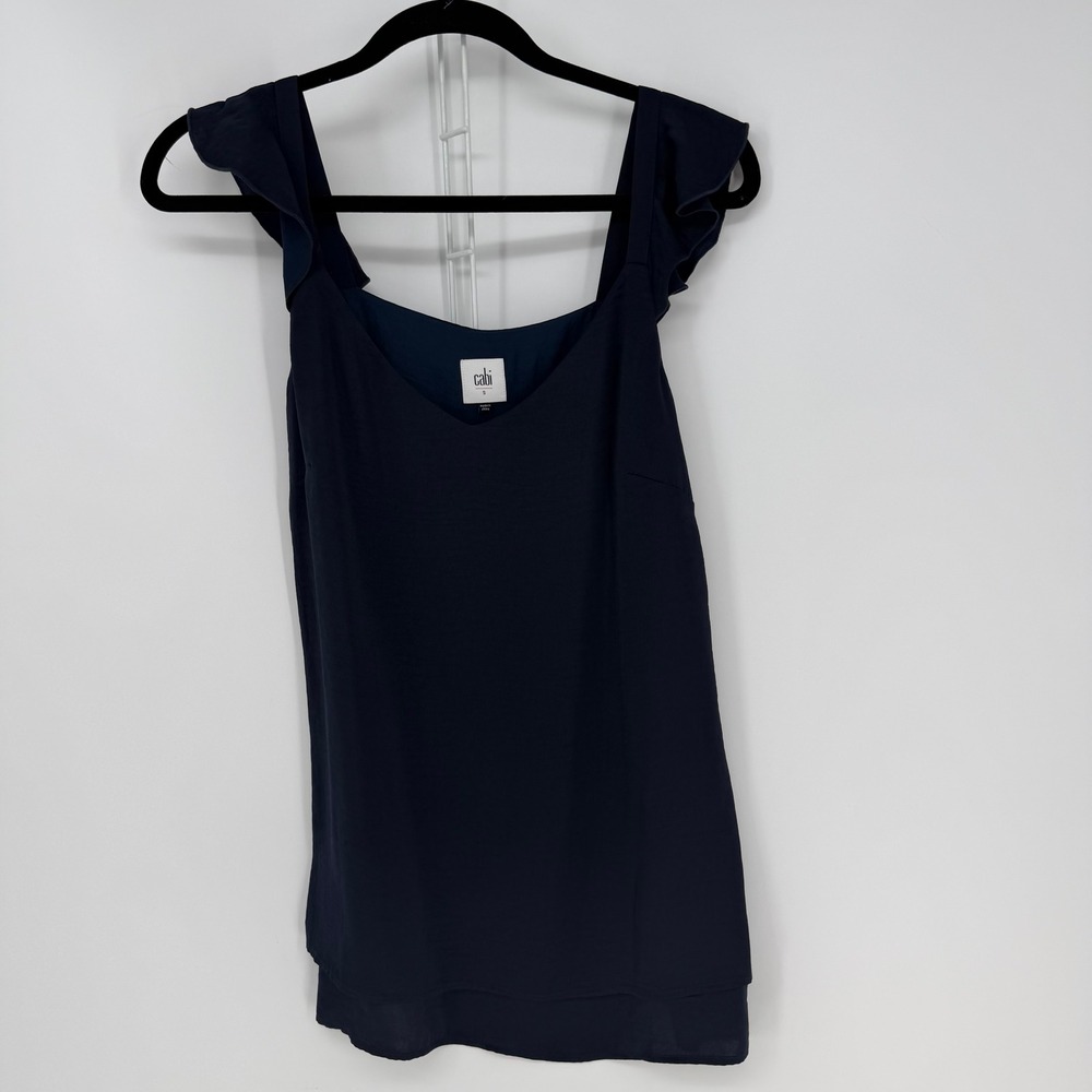Cabi Ruffle Strap Tank Top Womens Small Navy Blue Layered V-Neck Ruffle Staple
